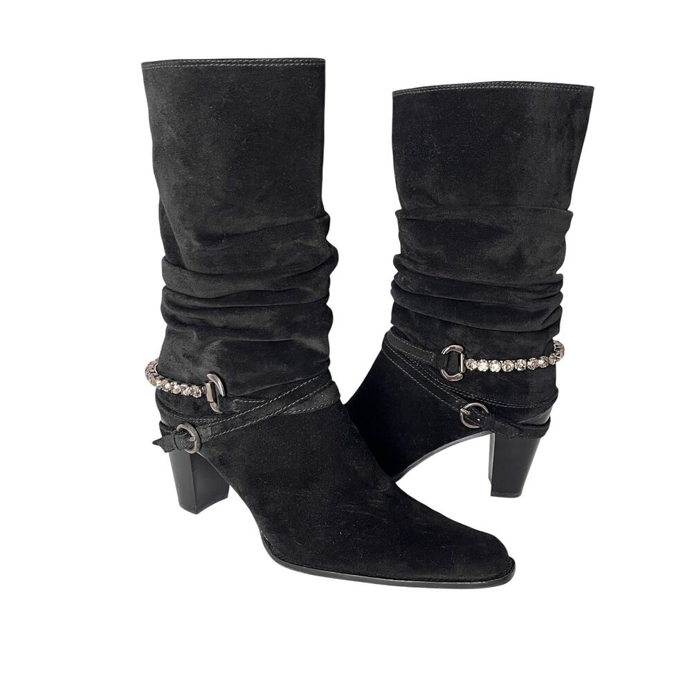 Stuart Weitzman Slouch Crystal Buckle Boots Black Suede